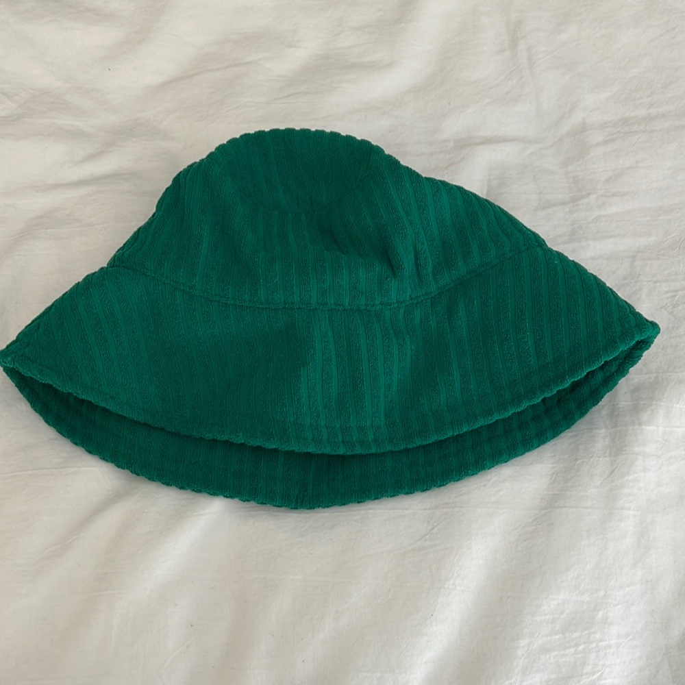 Target, green, suede material bucket hat with stripe design